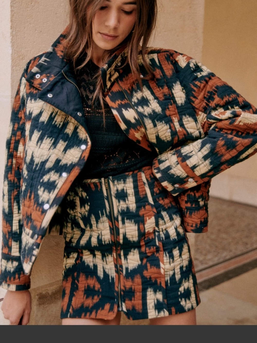 Sezane Quilted Bomber Jacket in Navy, Rust & Cream